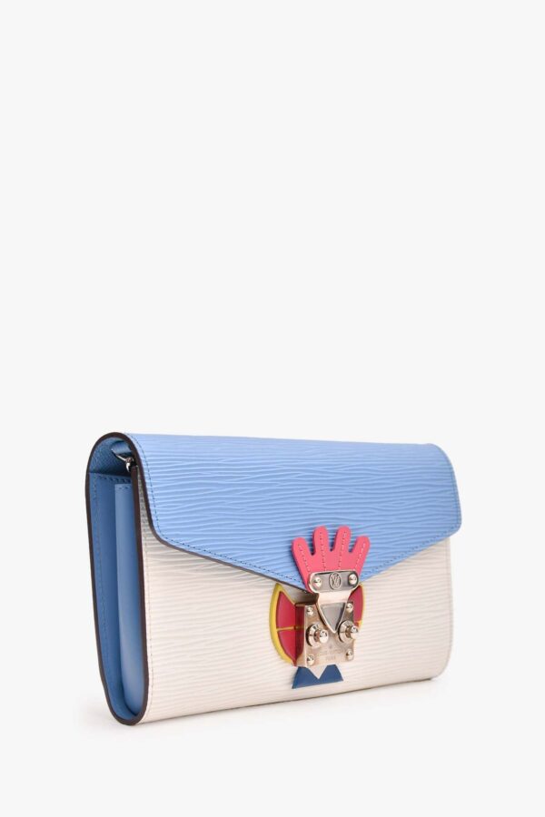 Louis Vuitton 2014 Blue/White Epi Leather Tribal Mask Wallet On Chain With W.L. Initials | Luna Bags