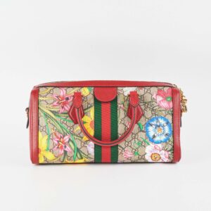 Gucci Red/Beige GG Supreme Flora Medium Ophidia Boston Bag | Luna Bags
