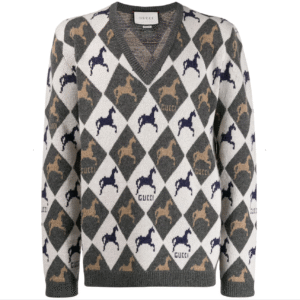 Gucci Equestrian Diamond Jacquard Sweater in Gray and White | Luna Bags