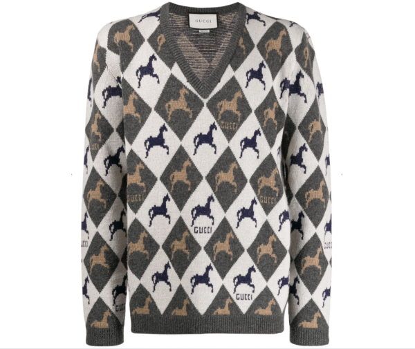 Gucci Equestrian Diamond Jacquard Sweater in Gray and White | Luna Bags