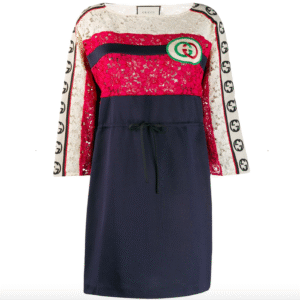 Gucci GG Floral Lace Logo Stripe Dress in Blue | Luna Bags