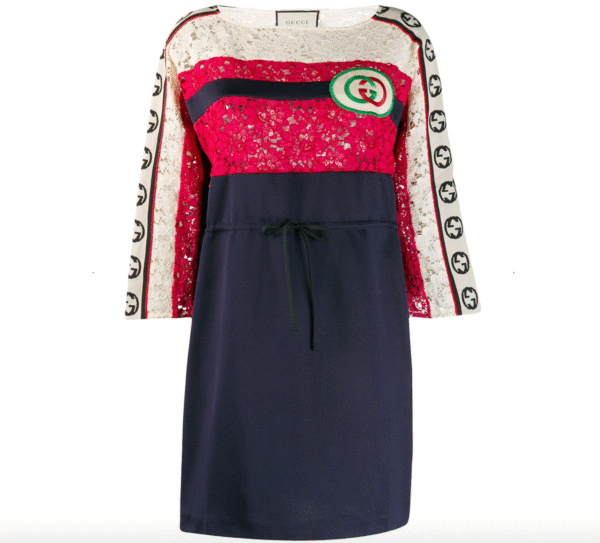 Gucci GG Floral Lace Logo Stripe Dress in Blue | Luna Bags