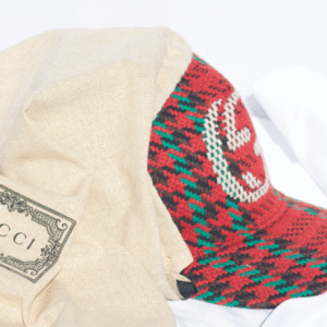 Gucci Houndstooth Baseball Hat With Interlocking G In Red And Green | Luna Bags