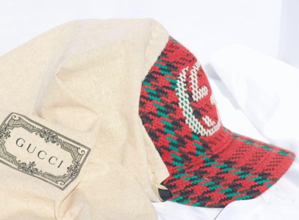 Gucci Houndstooth Baseball Hat With Interlocking G In Red And Green | Luna Bags
