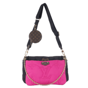 LOUIS VUITTON MAXI MULTI POCHETTE (M58980) BLACK AND FUCHSIA NYLON PILLOW MONOGRAM WITH GOLD CHAIN , STRAP WITH DUST COVER | Luna Bags