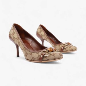 Gucci GG Bamboo Horsebit Heels 65mm GG Supreme / Brown Cotton EU 37 UK 4 | Luna Bags