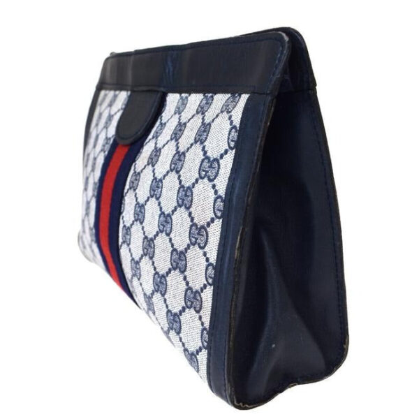 Gucci Navy Guccissima Print Coated Canvas & Navy Leather Clutch with Red & Blue Sherry Stripe & Velcro Closure | Luna Bags