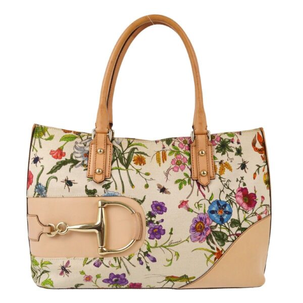 Gucci Beige Flower Horsebit Tote Handbag | Luna Bags