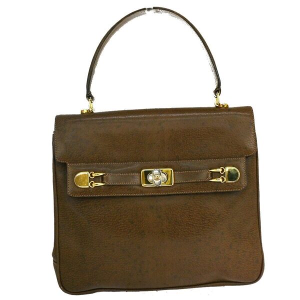 Gucci Logo Hand Bag Leather Brown Gold- | Luna Bags