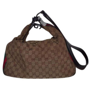 Gucci, brown large logo fabric/leather, large size, Tom Ford era 'Attache' hobo style bag with red/green stripe, G latch top & chrome hardware! | Luna Bags