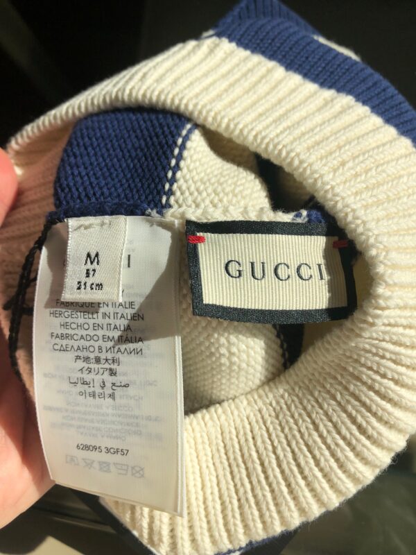 Gucci Blue and White Striped Beanie Hat with Cherry Motif | Luna Bags