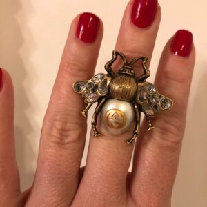 Gucci Bee Ring in Antique Gold with Crystals and Pearl | Luna Bags