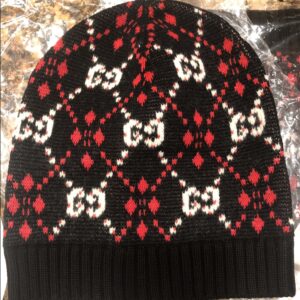 Gucci GG Monogram with Red Diamond Pattern Beanie in Black | Luna Bags
