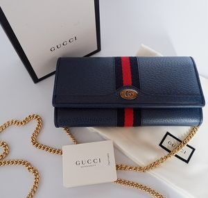 Gucci Ophidia Leather Continental Wallet On Chain in Blue | Luna Bags