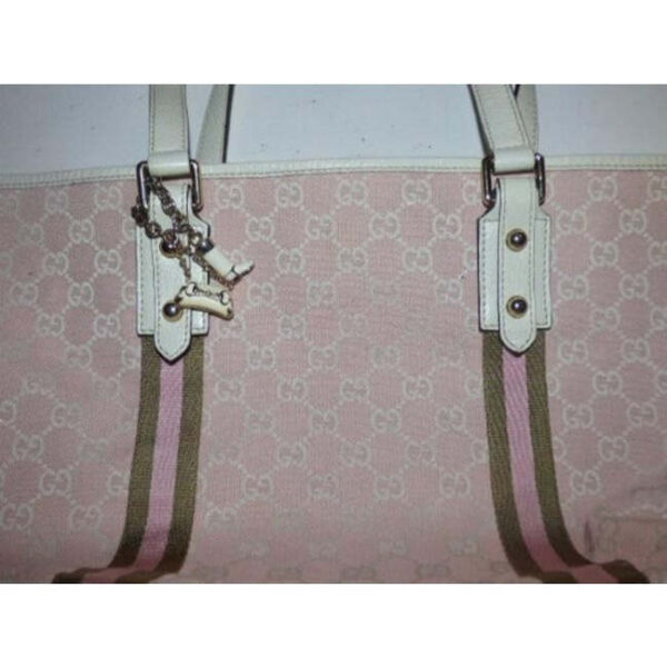 Gucci Vintage Pink And White With Ivy Green Leather Canvas Tote | Luna Bags