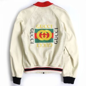 GUCCI Bomber jacket Main: Lamb leather, Main: 97% cotton, Main: 2% nylon, Main: 1% polyurethane, Part: 100% nylon Ivory mens 44 Used | Luna Bags