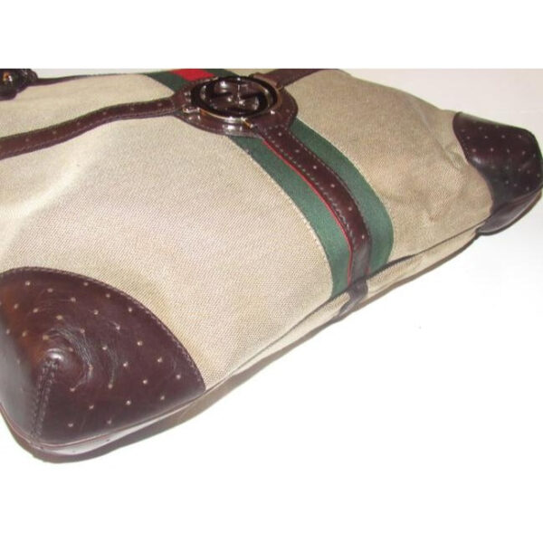 Gucci britt reins blondie, dark khaki canvas & brown leather, two handle, two-way- satchel or hobo style purse with an open top, red and green Sherry stripe and chrome GG accent | Luna Bags