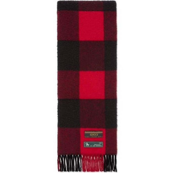 Gucci Fringed Padded Checked Wool Scarf in Red | Luna Bags