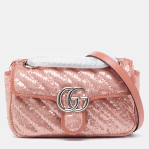 Gucci Pink Diagonal Sequins And Leather Mini GG Marmont Shoulder Bag | Luna Bags