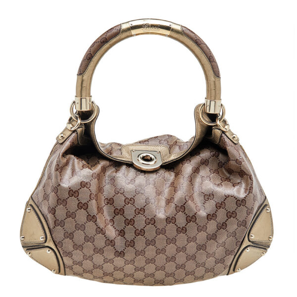 Gucci Beige/Gold GG Crystal Canvas and Leather Medium Babouska Indy Hobo | Luna Bags