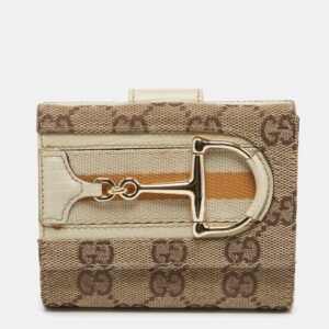 Gucci Beige GG Canvas and Leather Web Horsebit Compact Wallet | Luna Bags