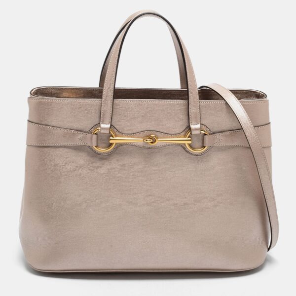 Gucci Metallic Beige Leather Bright Bit Tote | Luna Bags