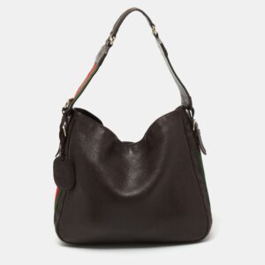Gucci Dark Brown Leather Web Shoulder Bag | Luna Bags