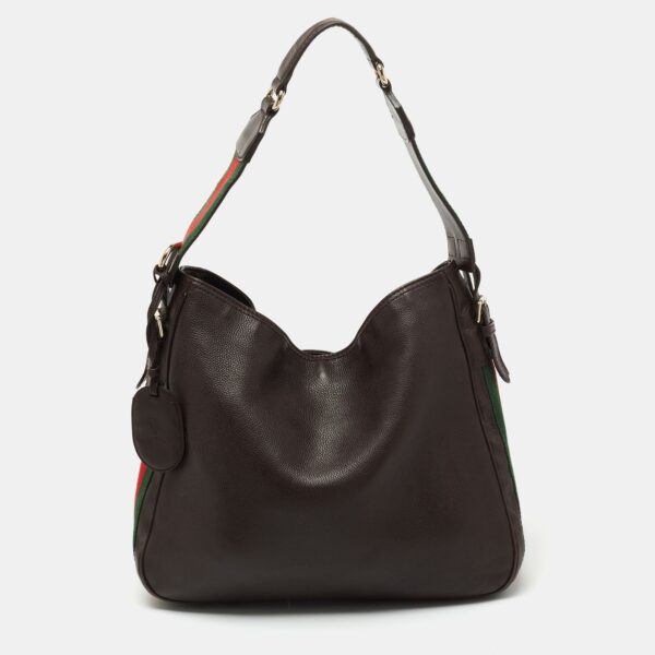 Gucci Dark Brown Leather Web Shoulder Bag | Luna Bags