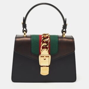 Gucci Black Leather Mini Web Chain Sylvie Top Handle Bag | Luna Bags