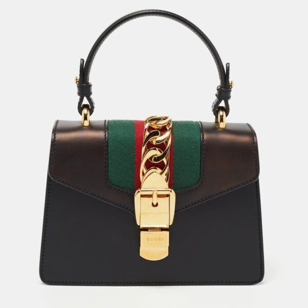 Gucci Black Leather Mini Web Chain Sylvie Top Handle Bag | Luna Bags