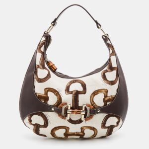 Gucci Brown/Off White Bamboo Horsebit Print Canvas Amalfi Hobo | Luna Bags
