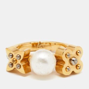LOUIS VUITTON Gold Tone Monogram Faux Pearl Ring S | Luna Bags