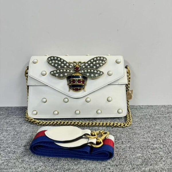 Gucci Broadway Bee White Pearl Embellished Leather Shoulder Bag | Luna Bags