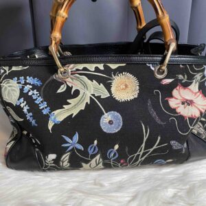 Gucci Flora Print Bamboo Handle Black Canvas Top Handle Bag | Luna Bags