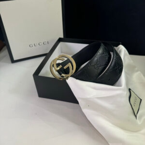 Gucci Black Leather Embossed Belt Gold GG Buckle Size 80/32 | Luna Bags