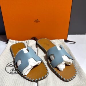 Hermes Oran Flats Blue Leather Slide Sandals Size 38 | Luna Bags