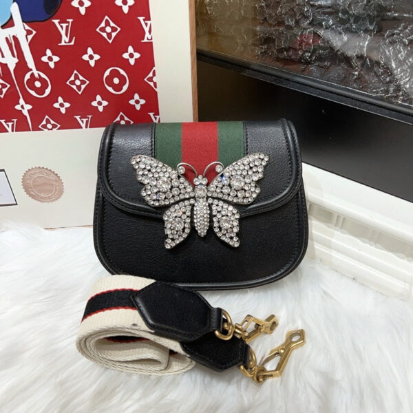 Gucci Padlock Small Black Leather Crossbody Bag with Crystal Butterfly | Luna Bags