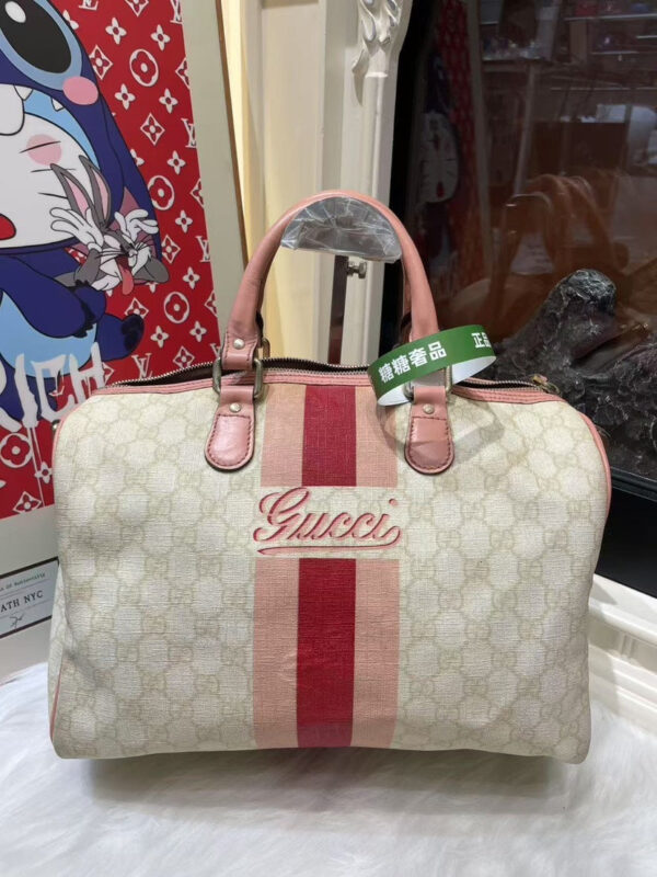 Gucci Boston Bag in Beige Canvas with Pink Stripes - Preloved Handbag | Luna Bags