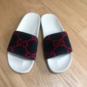 Gucci GG Monogram Velvet Slides in Navy and Red | Luna Bags